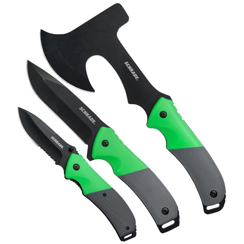 Schrade 3 Piece Plain & Serrated Outdoor Fixed Blade/Folder/Axe Set