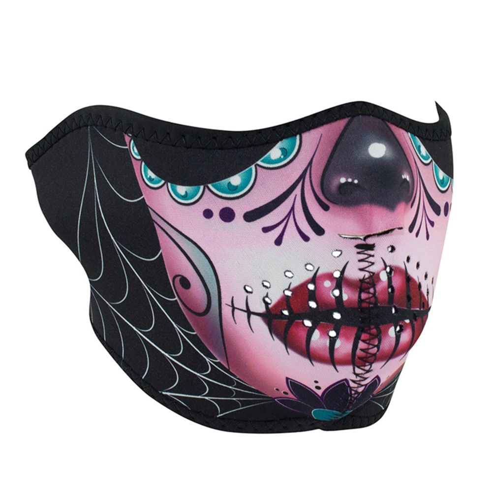 Zan Headgear Neoprene Sugar Skull Reversible to Purple Half Face Mask